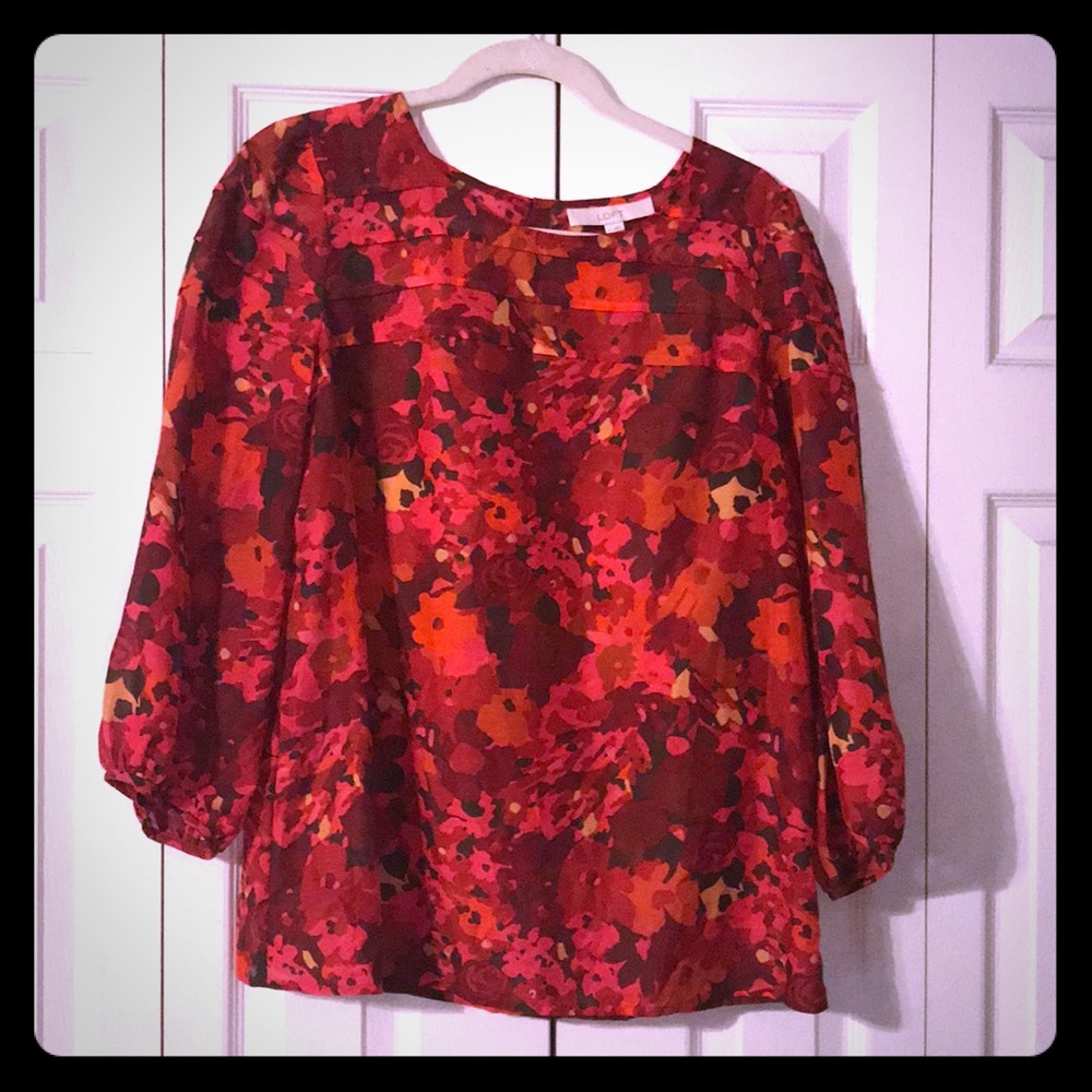 LOFT Floral Sheer 3/4 Sleeve Blouse, Size Medium